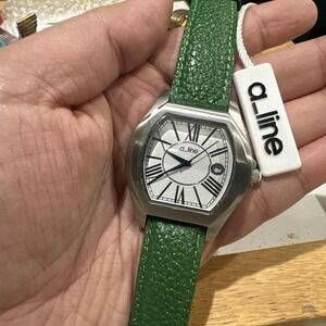 Works A Line Womens Watch Green Leather Strap Silver Tone 42mm Fit 8 -Never Worn